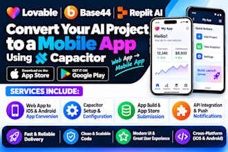 convert lovable to ios app store capacitor base44 to playstore replit ai website