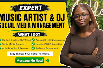 be music social media manager, artist manager, music release marketing, branding