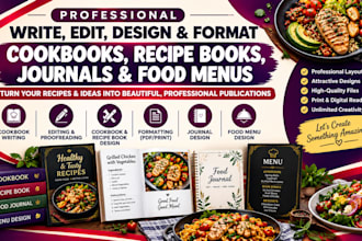 write edit design cookbook recipe book journal cover design formatter food menu