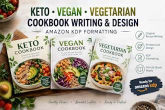 write, design and format keto, vegan, vegetarian cookbook for amazon KDP