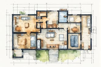 draw building and interior floor plans in watercolor