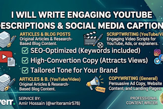 write youtube video descriptions and social media captions