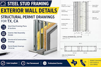design steel stud framing, exterior wall details, tx structural permit drawings