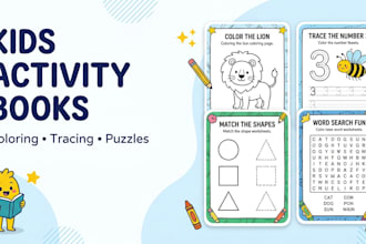 design kids activity sheets, coloring pages, puzzle books and tracing workbooks