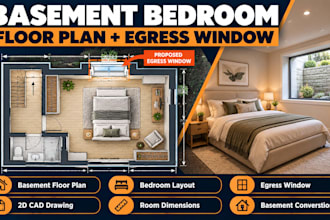 design a basement bedroom floor plan with egress window locations and layout