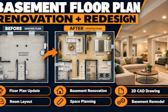 update existing basement floor plans for home renovation and remodeling