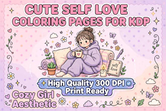 design cute cozy self love colouring pages for amazon KDP