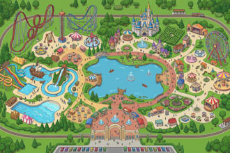 design illustrated theme park maps, ride locations, and visitor wayfindin