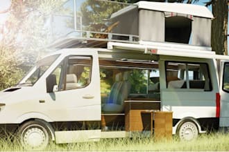 design campervan, rv, caravan, van conversion, food truck interior in 3d renders