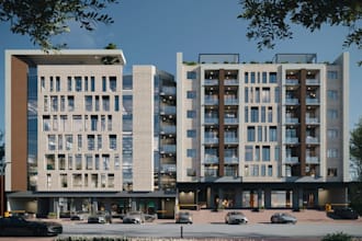 develop mid rise building, commercial  complex, framed facade render,revit model
