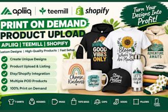 setup apliiq shopify pod teemill print on demand product design bulk upload SEO