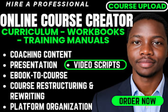 create elearning course content, course curriculum, upload and training manual