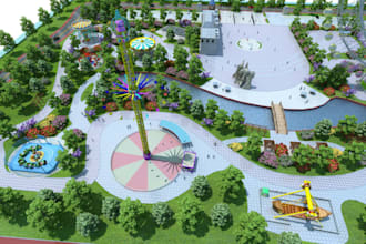 create a 3d amusement park, theme park, or water park design, outdoor playground