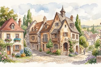 create hand painted homes and buildings in watercolor