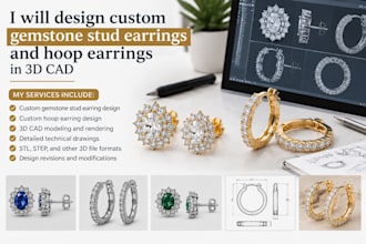 design custom gemstone stud earring hoop  earring in 3d cad