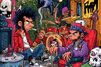 draw crazy cartoons, album cover, punk, rock, hiphop etc