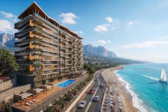 render 3d hotel complex,seaside resort,mixed use building,beach apartment design