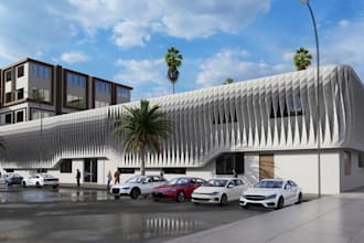 remodel car garage for commercial building, exterior visualization, patio render