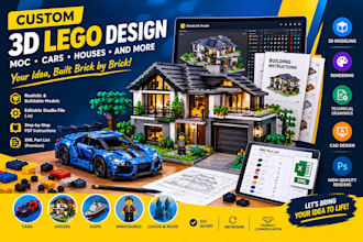 design 3d lego design, custom lego moc, car, house with pdf instructions