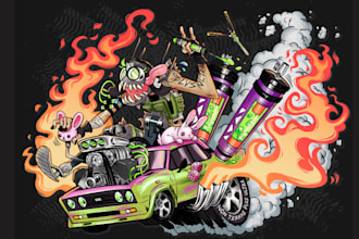 create illustration in monster rat fink cartoon car  style for print