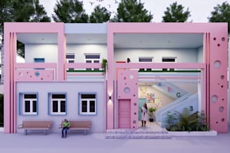 construct kindergarten space design, kids classroom,exterior interior cgi render