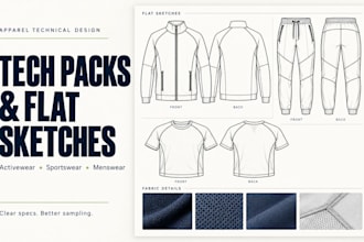 create tech packs and flat sketches for activewear, sportwear, menswear