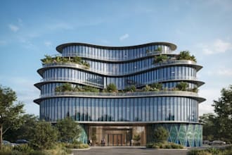 replan 3d commercial office exterior, multi story building, outdoor render, cgi