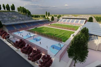 render large university stadium, football basketball court fields, racing track