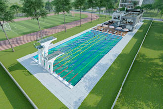 design neighborhood basketball field,residential landscape render,swimming court