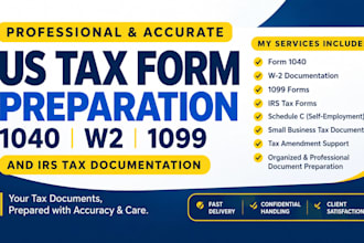 prepare US tax forms, 1040, w2, 1099 and irs tax documentation