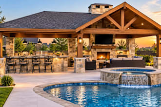 do 3d pool house and outdoor kitchen design with patio pergola and 3d rendering