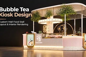 do bubble tea kiosk design, custom mall food stall layout and interior rendering