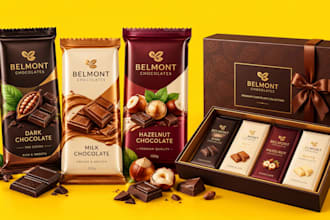 design chocolate packaging, chocolate bar wrappers, gift boxes and 3d renderings