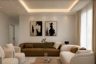 provide 3d warm minimalist living room interior, virtual staging design, kitchen