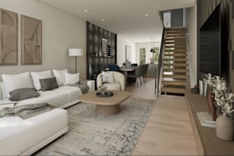 redesign basement interior,open plan design,3d layout,staircase render, kitchen