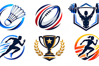 design a professional badminton, rugby ball, weightlifting, running logo