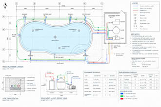 draw swimming pool 2d mep drawings, plumbing layout and equipment room plans