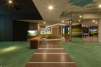 3d indoor virtual game,2d interior plan,golf simulator,launch monitor,cgi render