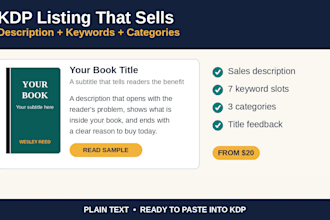 write your amazon KDP book description, keywords and categories to sell