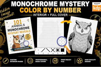create monochrome color by number mystery pages and book cover