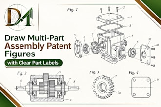 draw multi part assembly patent figures with clear part labels