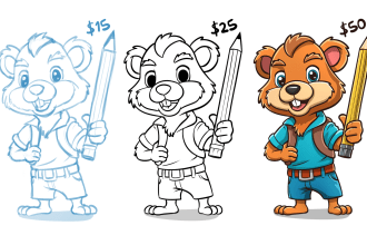 draw cartoon mascot character, line art and color version