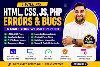 fix HTML CSS javascript PHP errors and website bugs fast