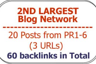 get you 20 blog posts from the SECOND Largest Blog Network from PR1 to 6 Domains