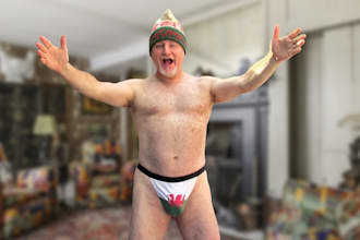 sing happy birthday in welsh, wearing only a thong and wooly hat