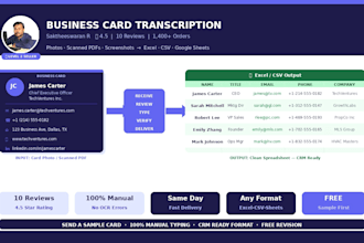 transcribe business card data to excel CSV google sheets