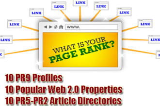 genuinely Exposed Your Site by Building 49 Quality SEO Backlinks out of 10 PR9 Profiles, 10 Web 2 0 Properties, 10 Good Article Directories