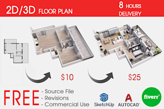 convert 2d to 3d floor plan in 8 hrs