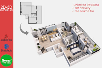 convert 2d to 3d floor plan in 8 hrs