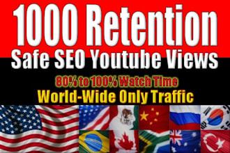 deliver 1000 Real retention YOUTUBE Views plays,traffic,hits to your video